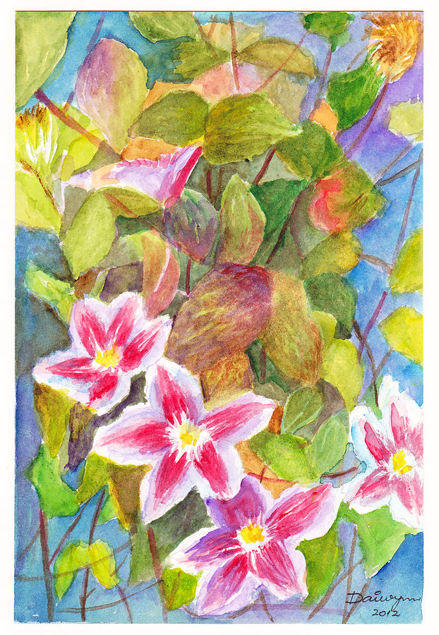 Clematis flowers on the vine Painting by Dai Wynn