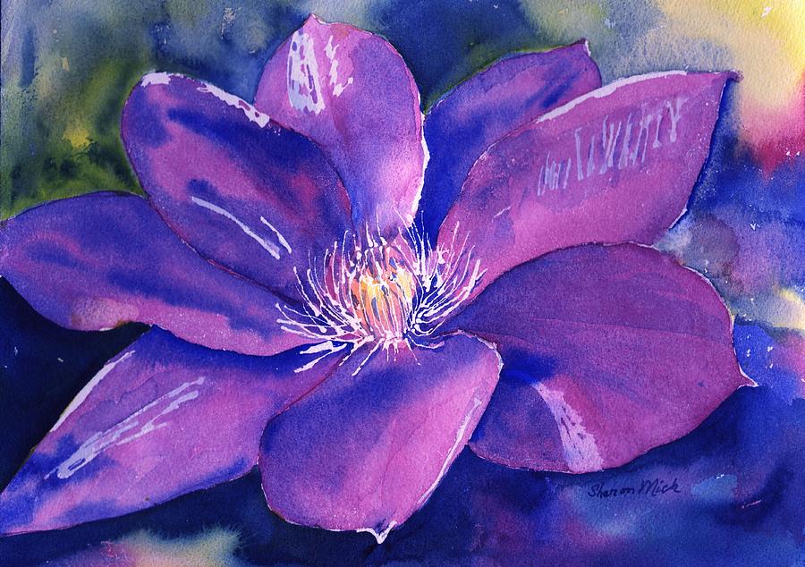 Clematis Gipsy Queen in Bloom Painting by Sharon Mick