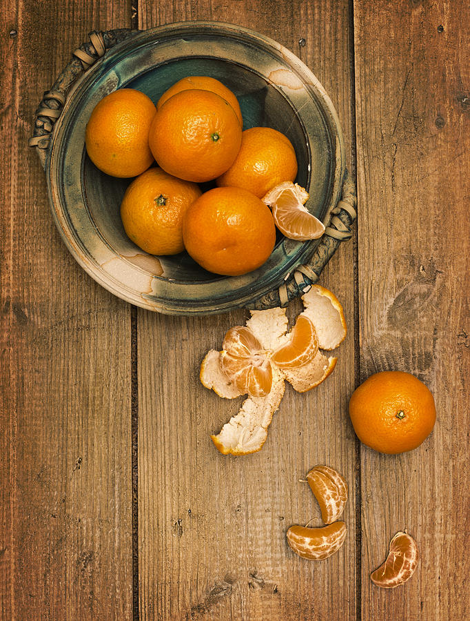 Christmas Photograph - Clementines On Wooden Board by Amanda Elwell
