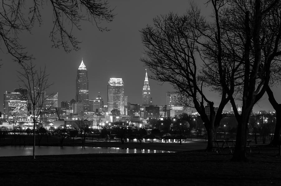 Cleveland at Night in Black and White Photograph by Clint Buhler