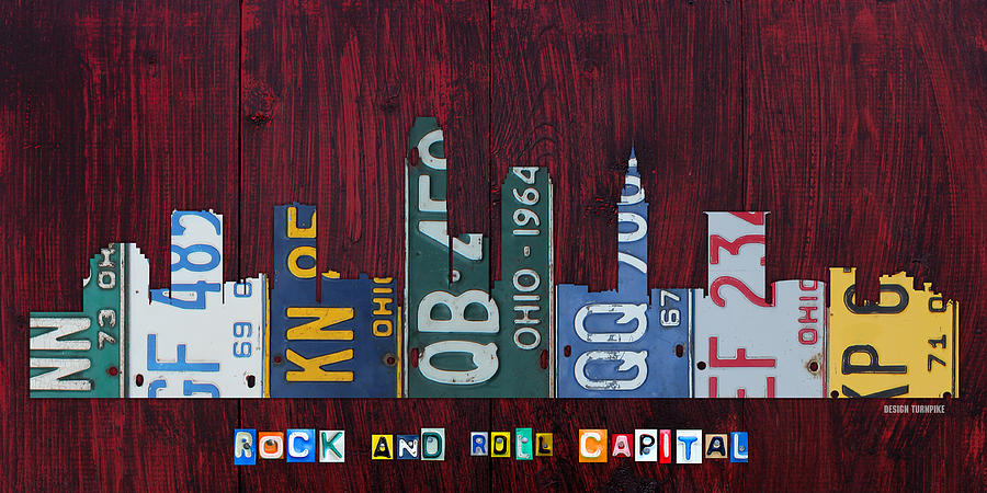 Cleveland Mixed Media - Cleveland Ohio City Skyline License Plate Art on Wood by Design Turnpike