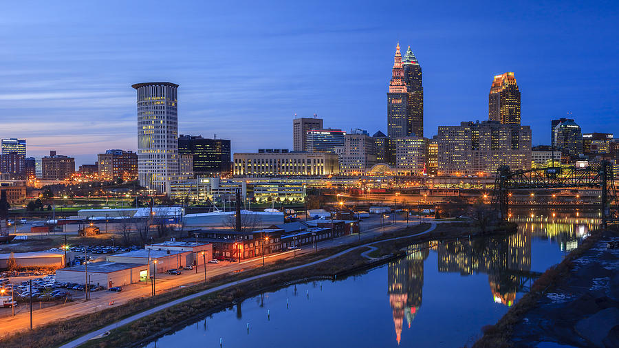 Cleveland Skyline View at blue hour from the Hope Memorial Bridge Photograph by David Shvartsman