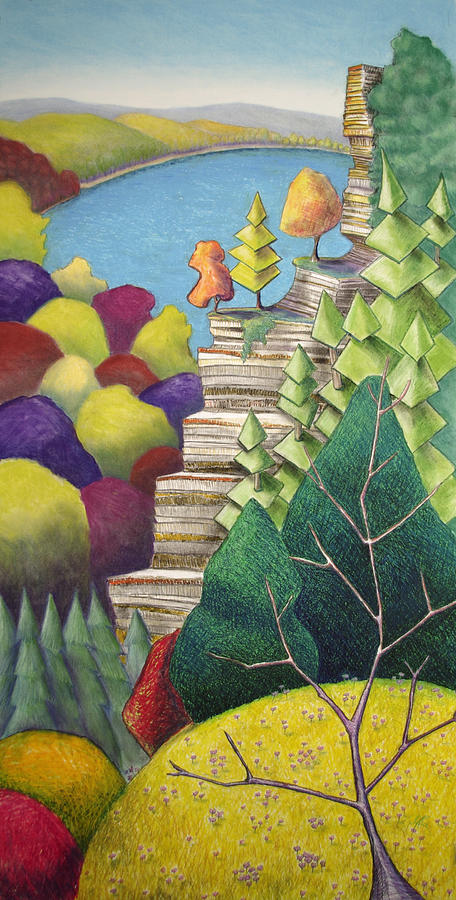 Cliff Overlooking Lake with Colorful Trees Mixed Media by Michele Fritz