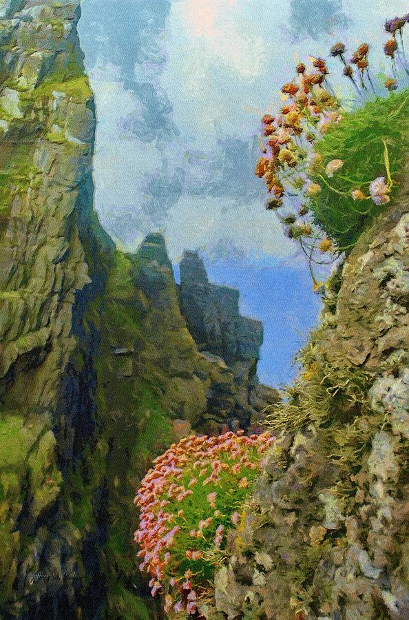 Cliffside Sea Thrift Painting by Jeffrey Kolker