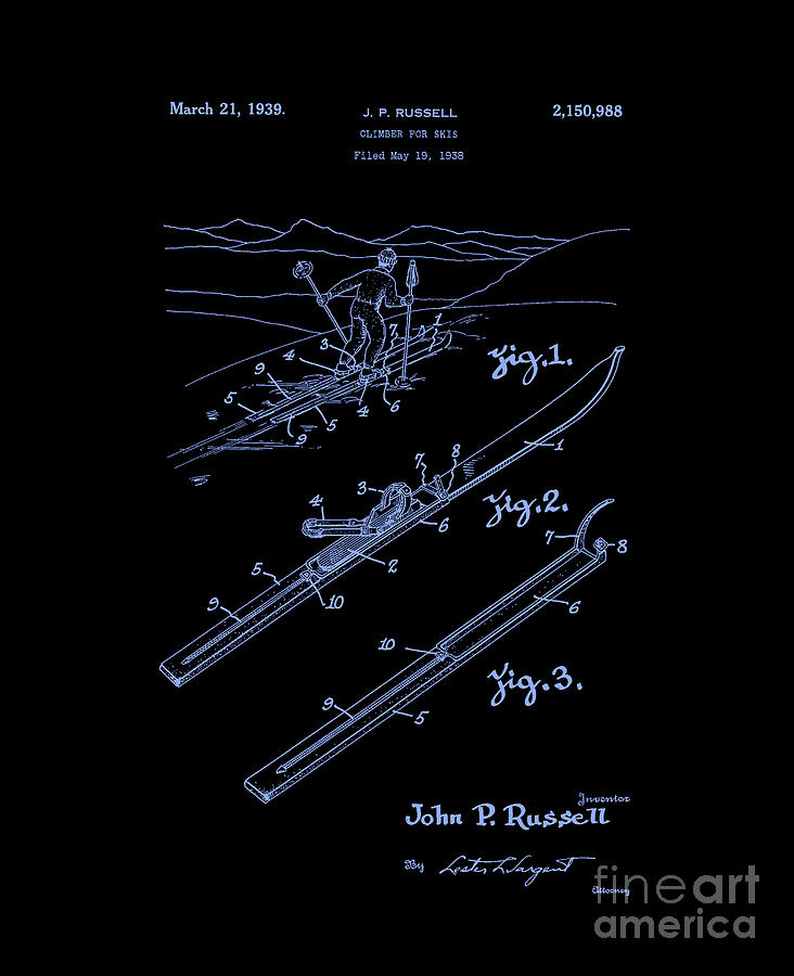 Climber for Skis 1939 Russell Patent Art Neon Blue Digital Art by Lesa Fine