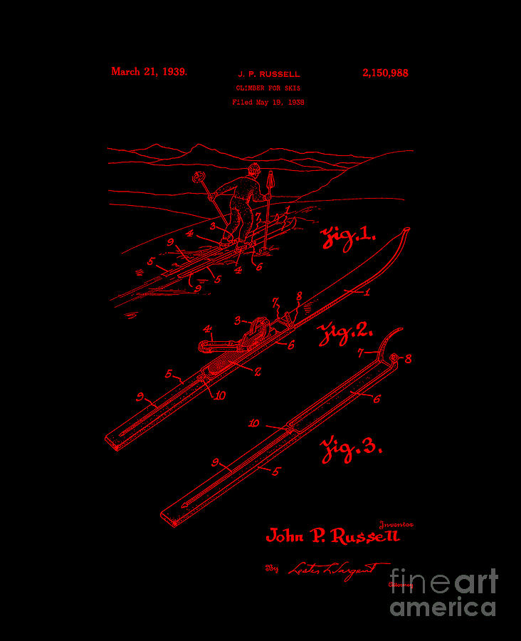 Climber for Skis 1939 Russell Patent Art Neon Red Digital Art by Lesa Fine