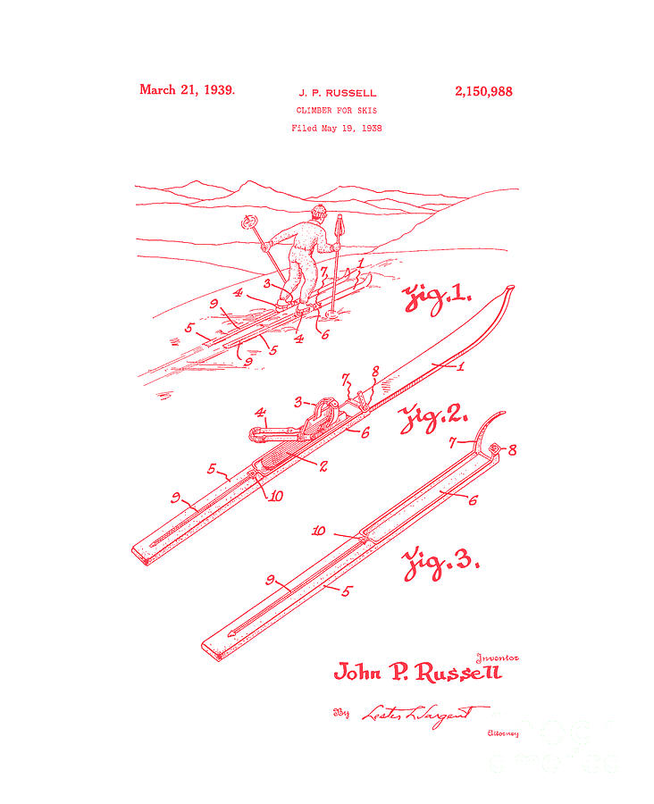 Climber for Skis 1939 Russell Patent Art Red on White Digital Art by Lesa Fine