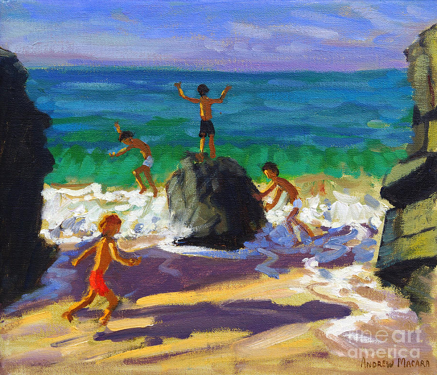 Climbing rocks Porthmeor beach St Ives Painting by Andrew Macara