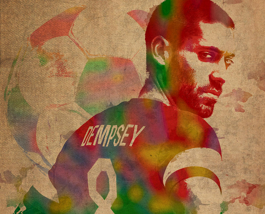 Soccer Mixed Media - Clint Dempsey Soccer Player USA Football Seattle Sounders Watercolor Portrait on Worn Canvas by Design Turnpike