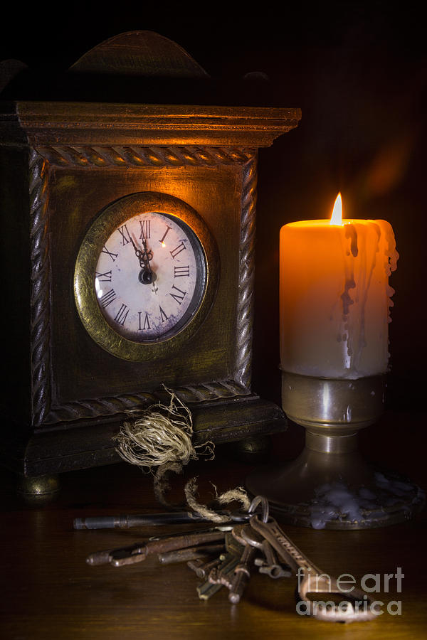 Clock Candle and Old Keys Photograph by Ann Garrett