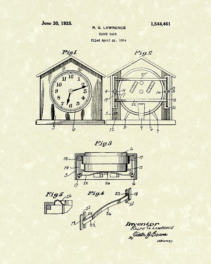 Clock Case 1925 Patent Art Drawing by Prior Art Design