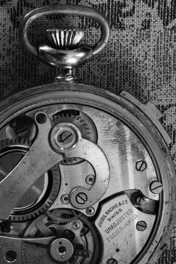 Old Watch Photograph - Clockworks black and white by Mary Bedy
