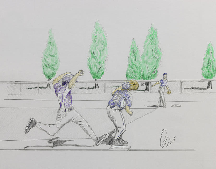 Baseball Drawing - Close Play at First by Chris Thomas