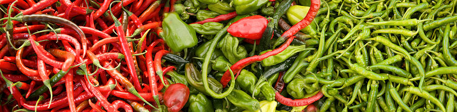 Nature Photograph - Close-up Of Green And Red Chili Peppers by Panoramic Images