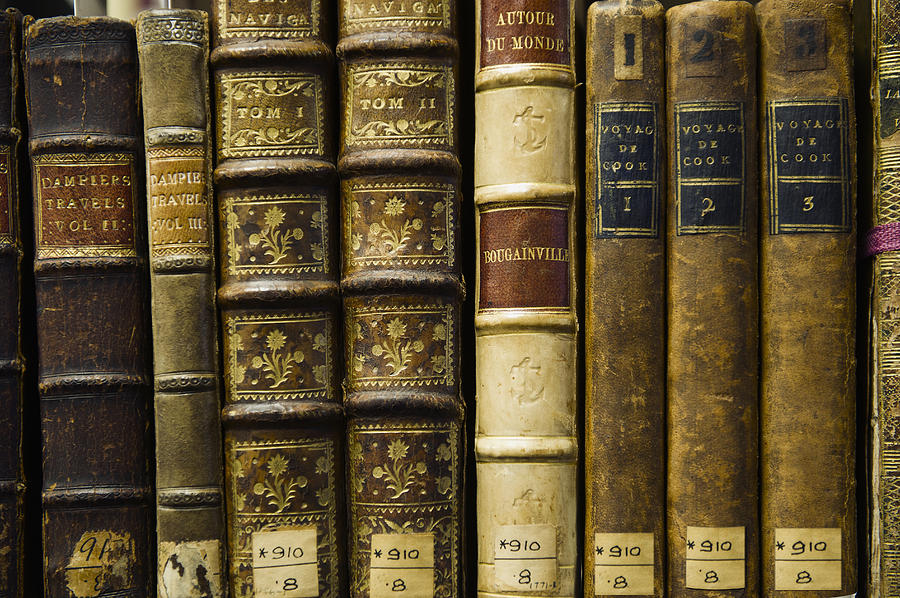 Close up of old leather bound books in library Photograph by Jacobs Stock Photography Ltd