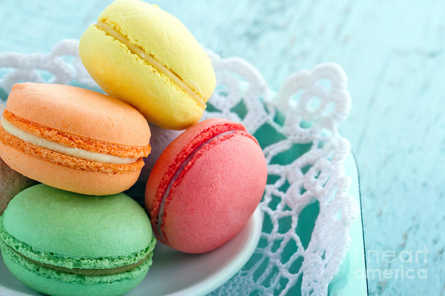 Cake Photograph - Closeup of colorful macaroons by Anna-Mari West
