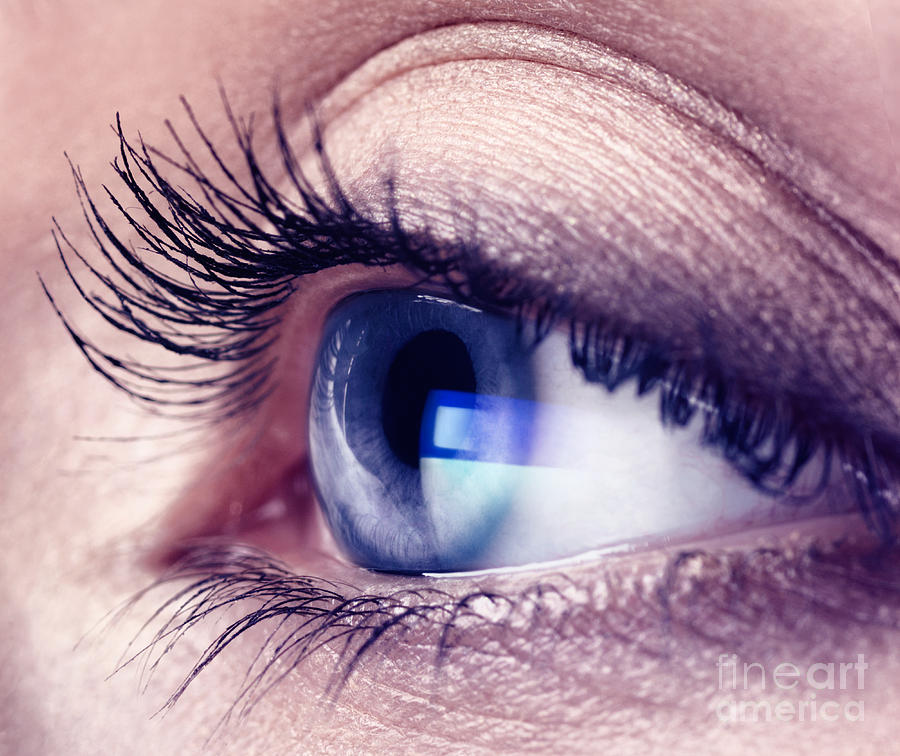 Closeup of woman eye with blue screen reflecting in it Photograph by Maxim Images Exquisite Prints