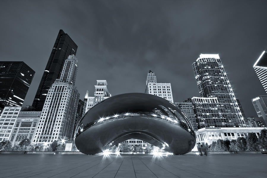 Architecture Photograph - Cloud Gate and Skyline - Blue Toned by Adam Romanowicz