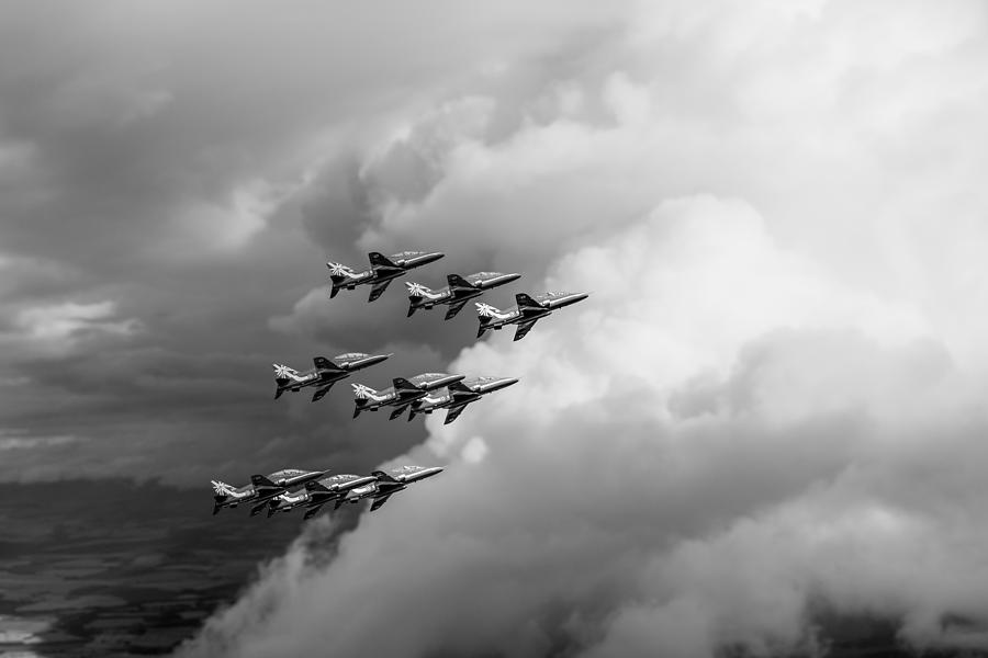 Cloud riders - the Red Arrows black and white version Photograph by Gary Eason