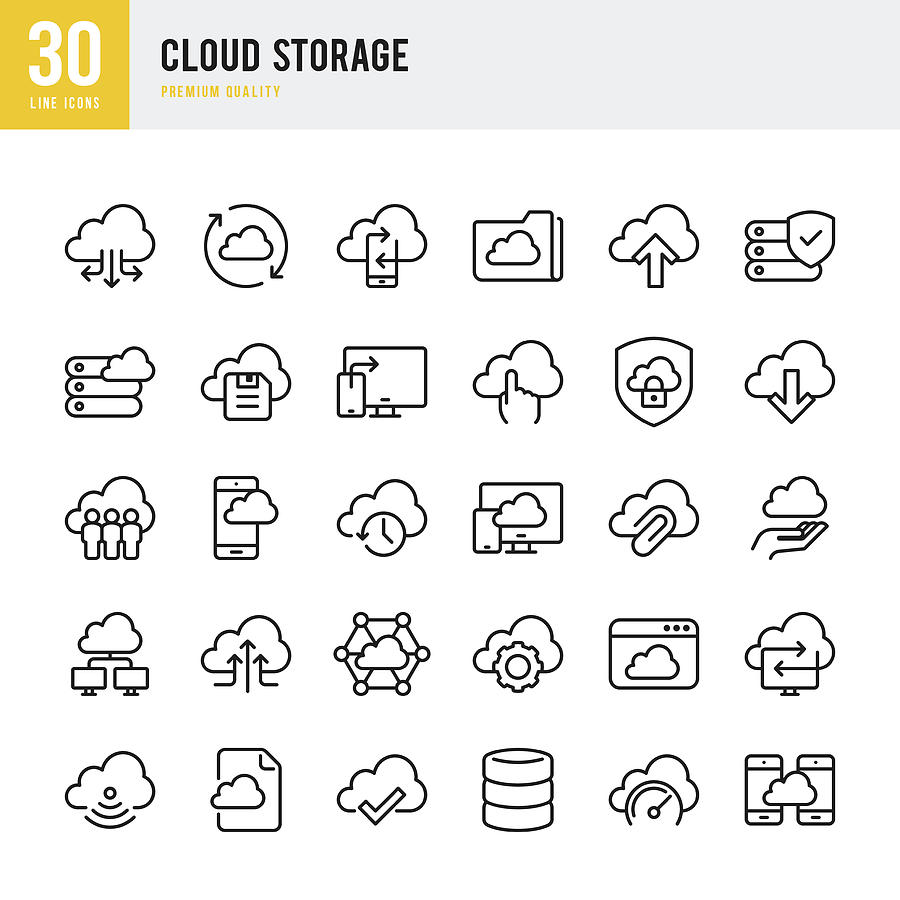 Cloud Storage - set of thin line vector icons Drawing by Fonikum