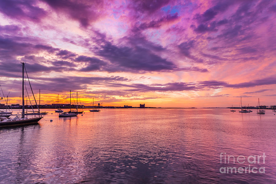 Boston Photograph - Clouds and vivid sunrise colors over Boston Harbor by Jo Ann Snover