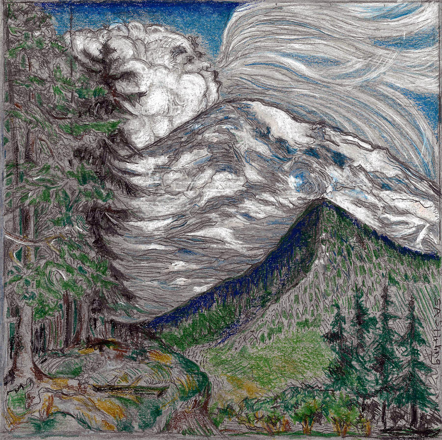 Clouds blowing the wind at Mt Rainier Painting by Shirley Stirling - Pixels