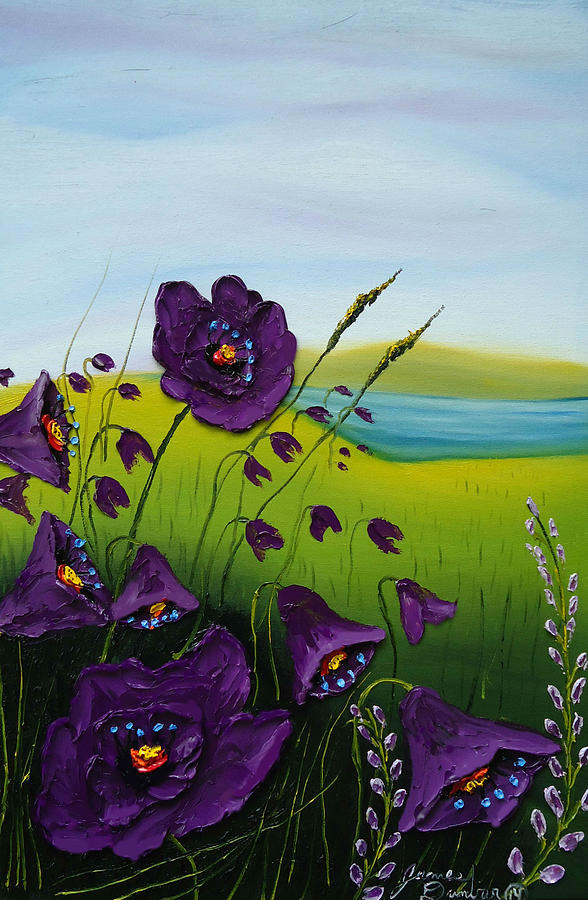 Cloudy Day Purple Poppies Painting by James Dunbar