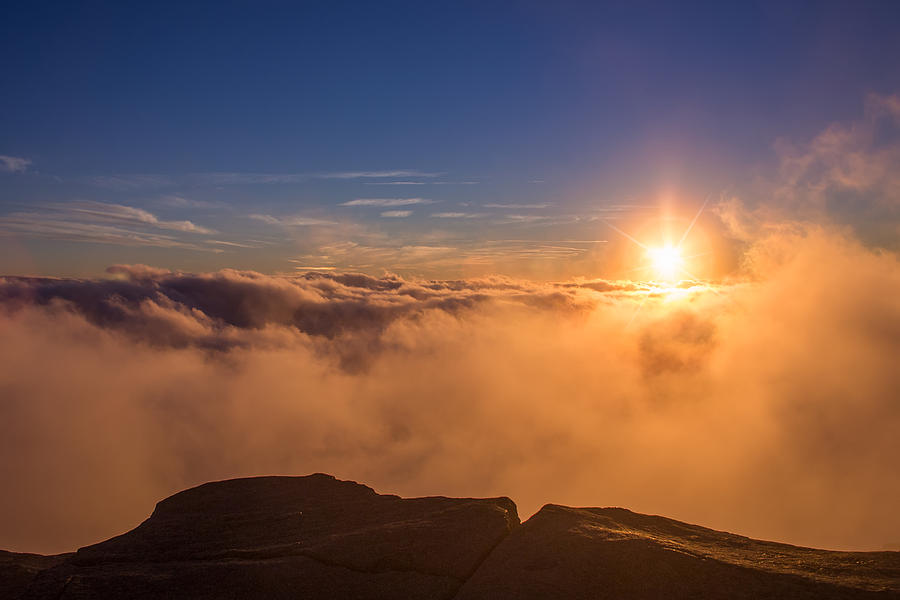 Cloudy Sunburst on Mount Lafayette Photograph by White Mountain Images