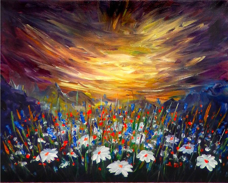 Cloudy sunset in Valley Painting by Lilia D