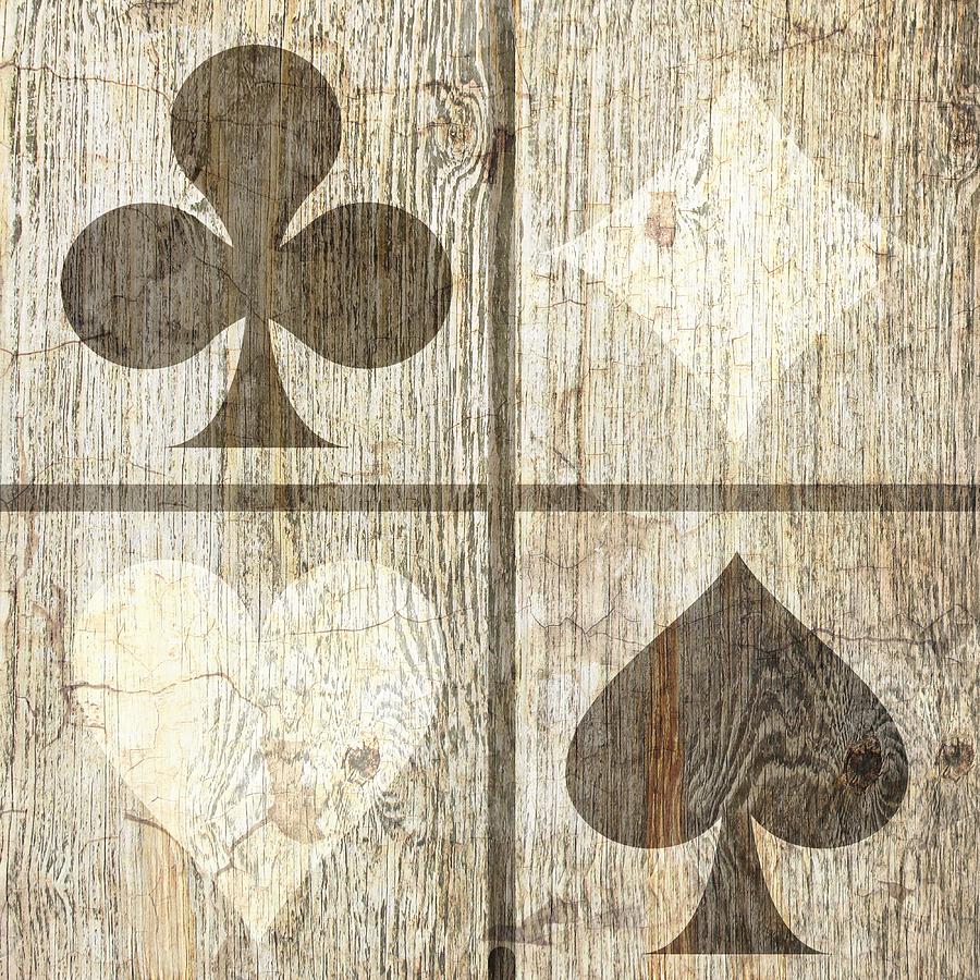 Club Diamond Heart And Spade In Sepia On White Washed Wood Photograph by Suzanne Powers