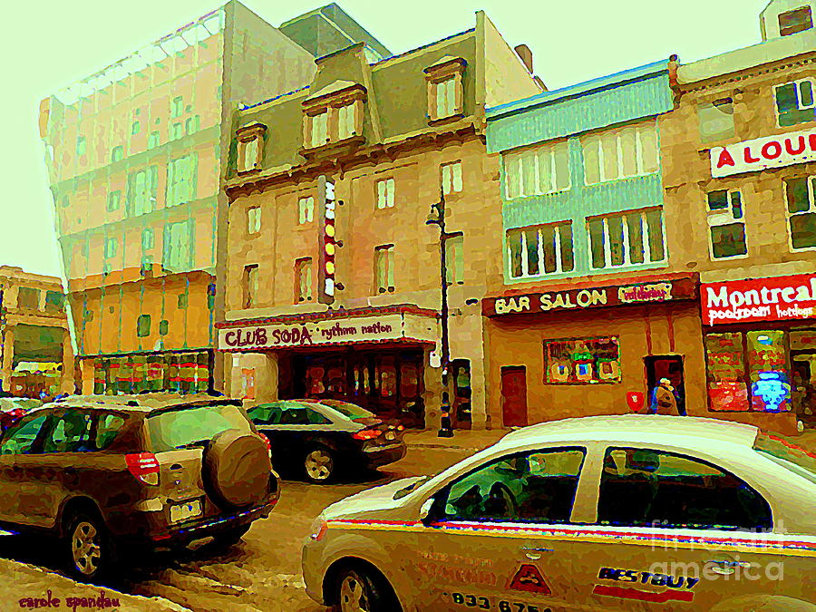 Club Soda  Bar Salon Midway Montreal Pool Room St Laurent Tavern Hotdog Resto City Scenes C Spandau Painting by Carole Spandau