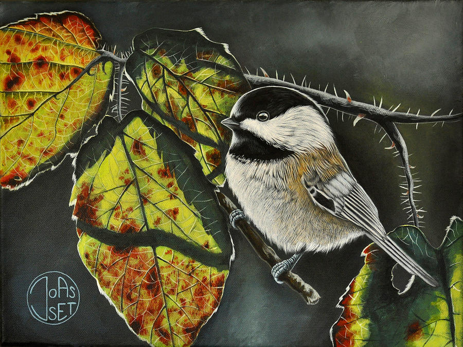 Bird Painting - Coal tit on a bramble branch by Jennifer Joasset
