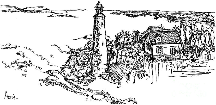 Coastal Light Tower Ink Pen Painting by Aeris Osborne