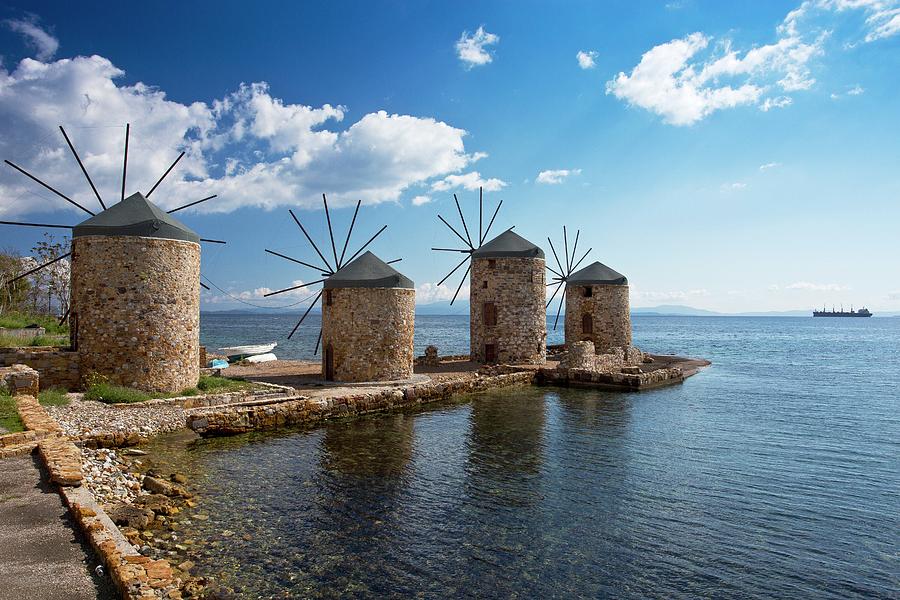 Greek Photograph - Coastal Windmills by Bob Gibbons