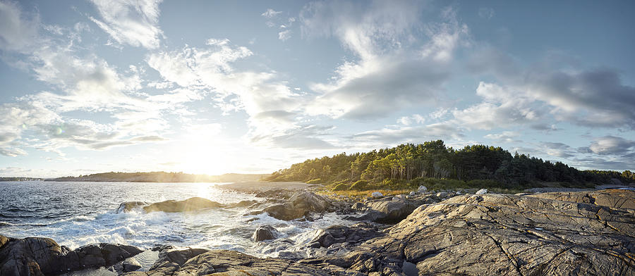 Coastline panoramic at sunset, Norway Photograph by James ONeil