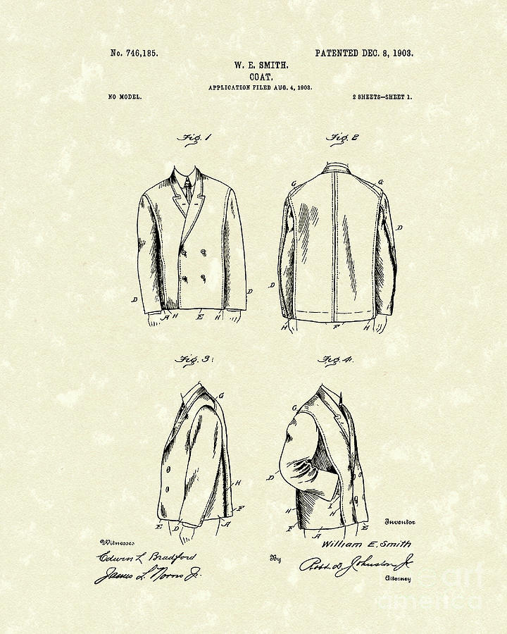 Coat 1903 Patent Art Drawing by Prior Art Design
