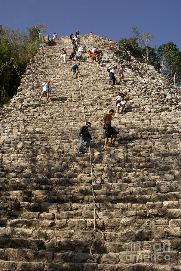 Coba Pyramid Climbers Mexico Photograph by John  Mitchell