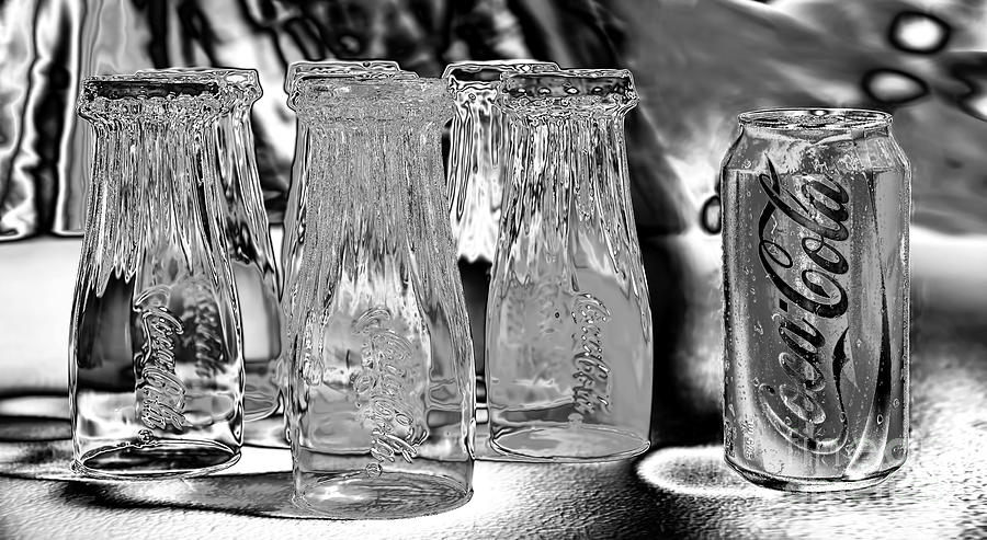 Black And White Photograph - Coca-Cola Glasses and Can - Liquid Chrome by Kaye Menner by Kaye Menner