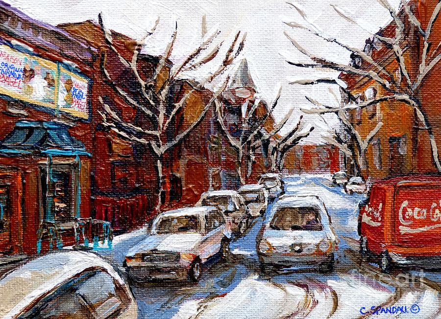 Coca Cola Truck In Traffic Fairmount Street Plateau Montreal Mile End Paintings Winter City Scenes   Painting by Carole Spandau