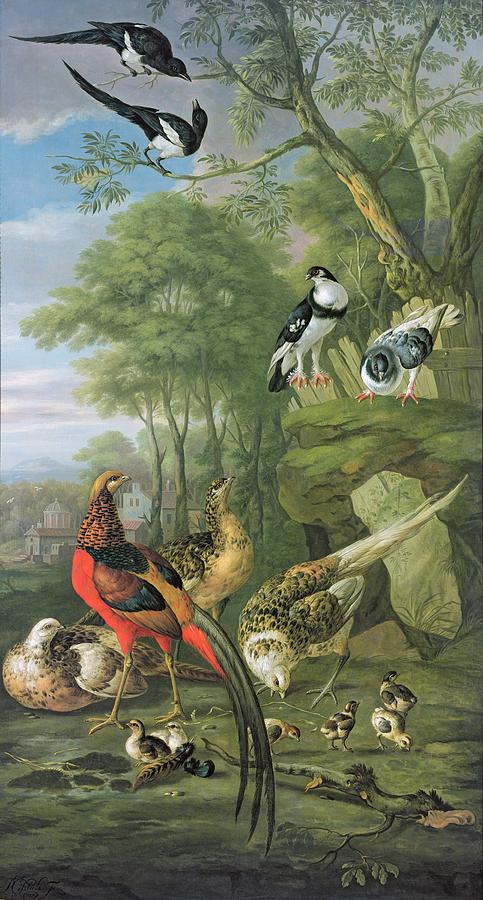 Pigeon Painting - Cock pheasant hen pheasant and chicks and other birds in a classical landscape by Pieter Casteels