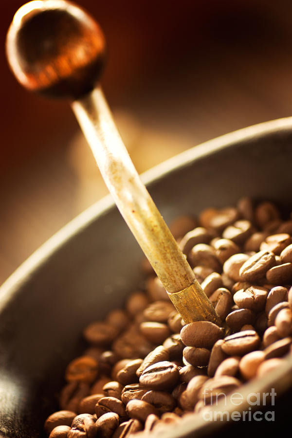 Coffee Photograph - Coffe beans in the grinder by Mythja Photography