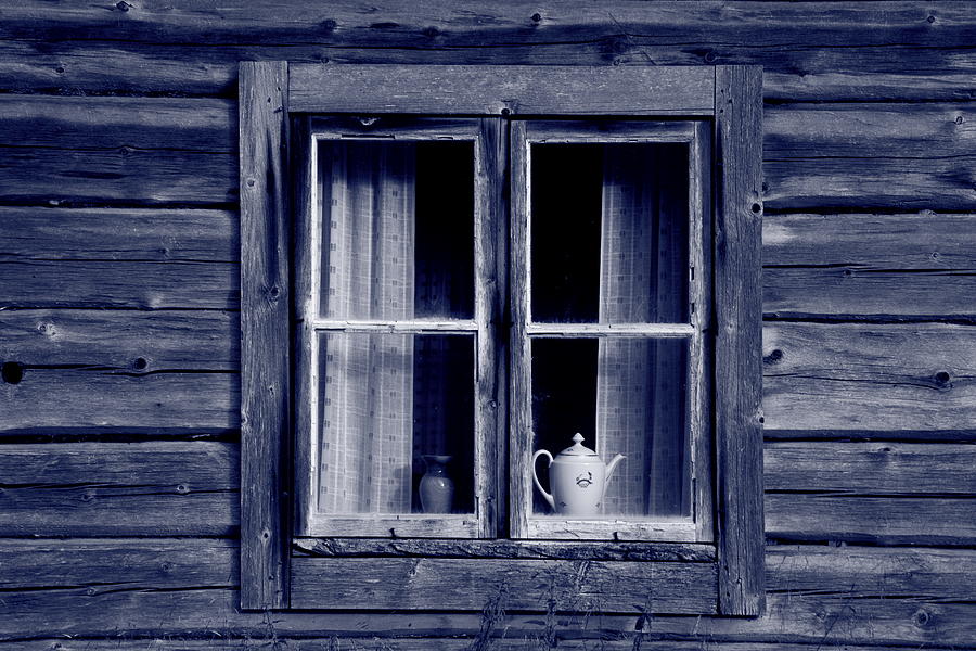 Coffe pot in a log cabin window - monochrome blue - available for licensing Photograph by Ulrich Kunst And Bettina Scheidulin
