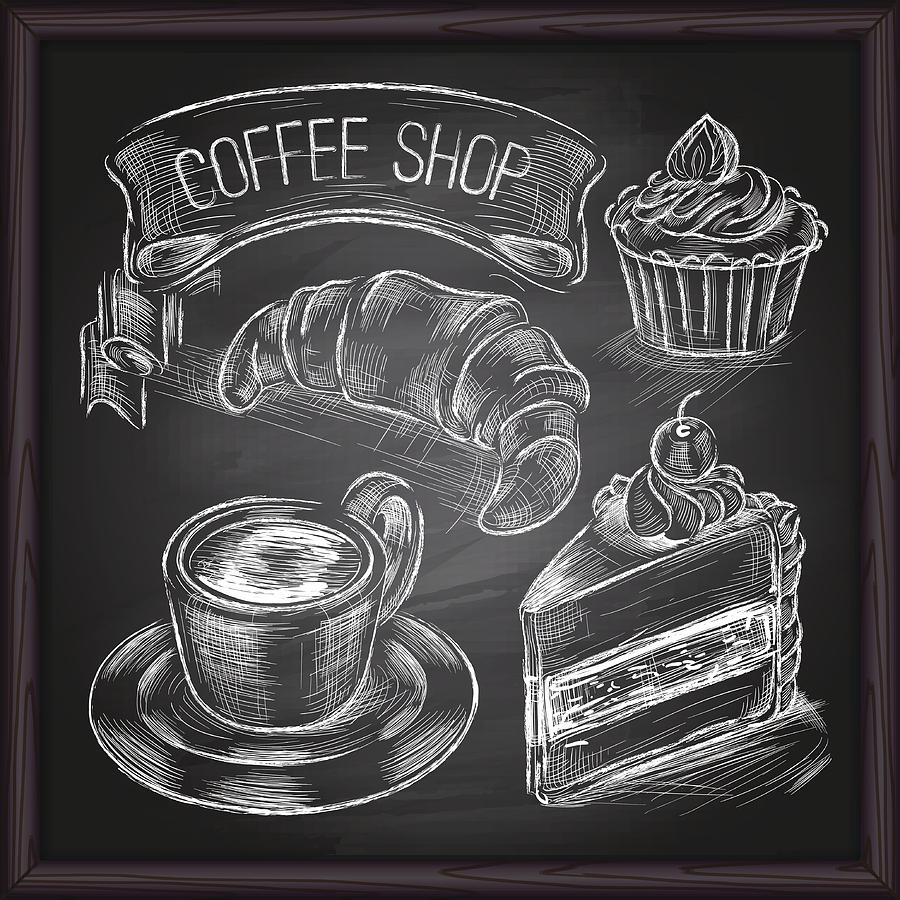 Coffee & Cafe set drawing on chalkboard Drawing by Forest_strider