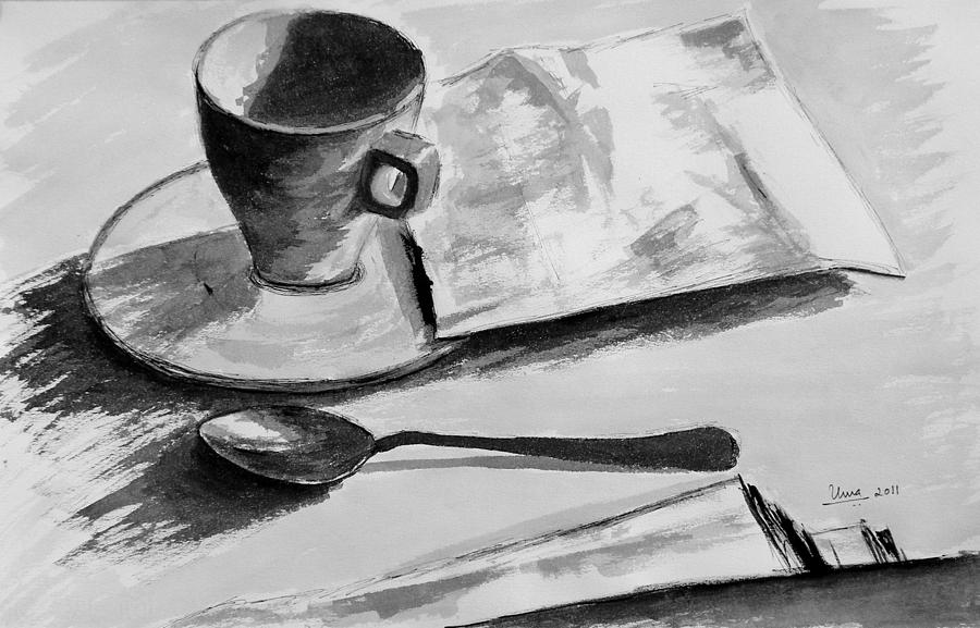 Coffee and a letter Drawing by Uma Krishnamoorthy