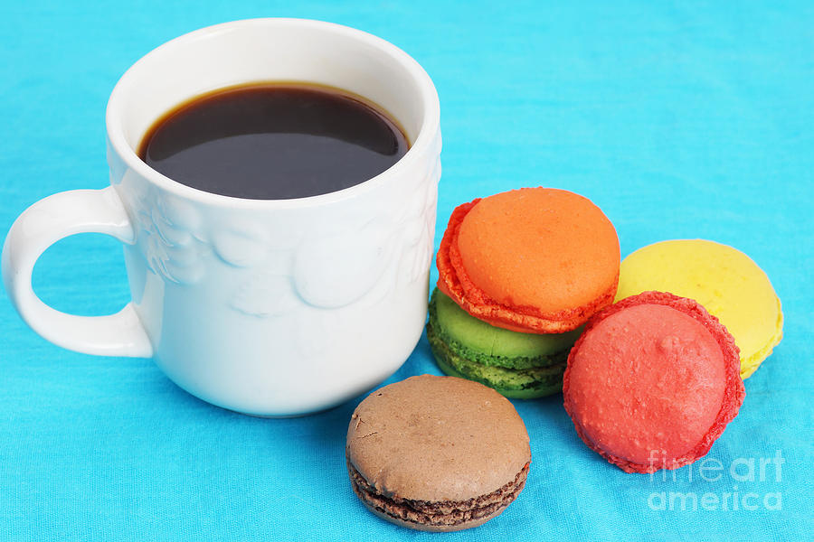 Coffee Photograph - Coffee and macarons on blue by Sylvie Bouchard