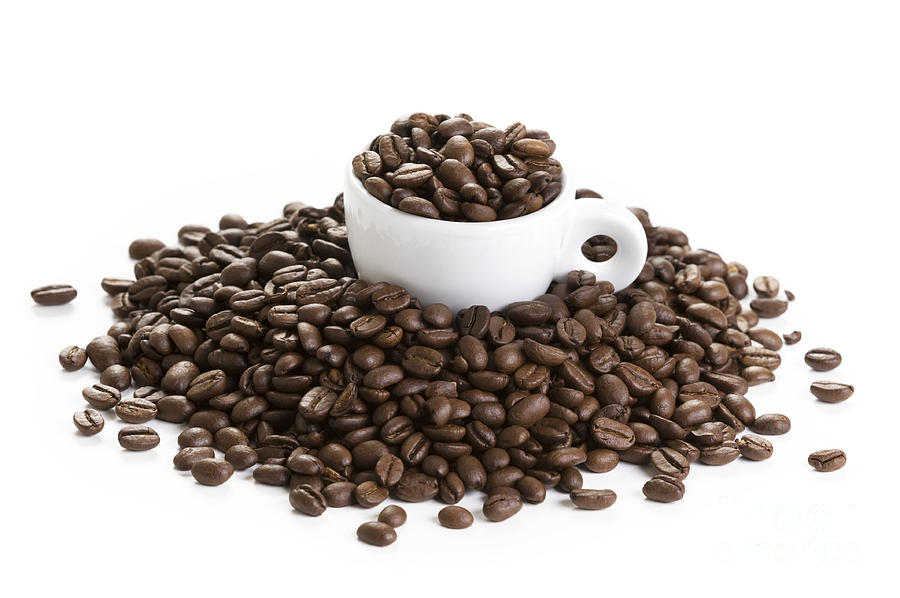 Coffee Beans And Coffee Cup Isolated On White Photograph by Lee Avison
