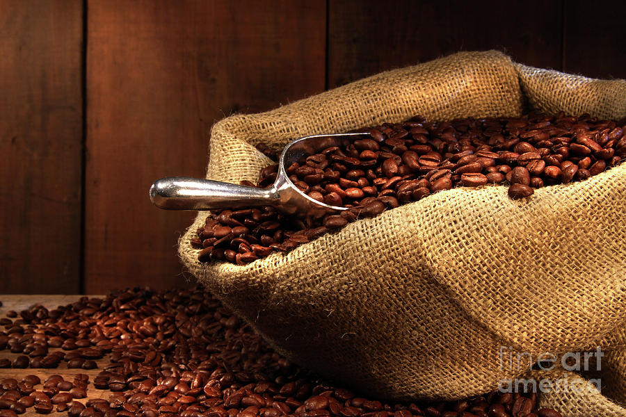 Coffee Photograph - Coffee beans in burlap sack by Sandra Cunningham
