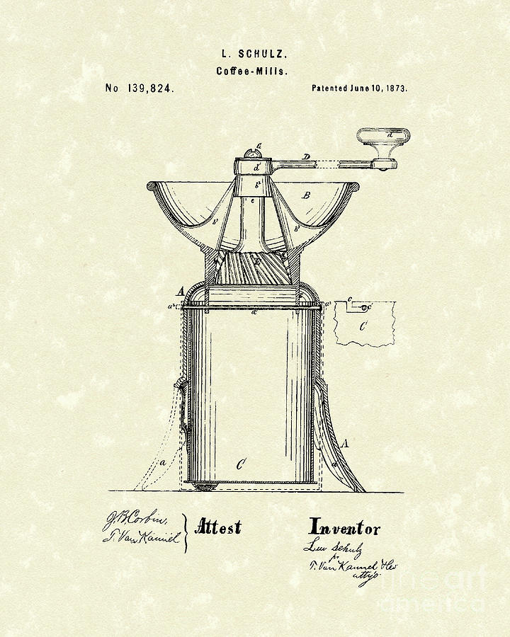 Schulz Drawing - Coffee Mill 1873 Patent Art by Prior Art Design