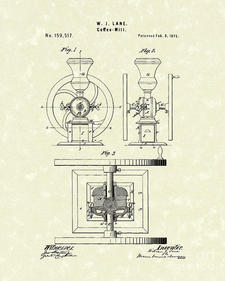 Coffee Mill 1875 Patent Art Drawing by Prior Art Design