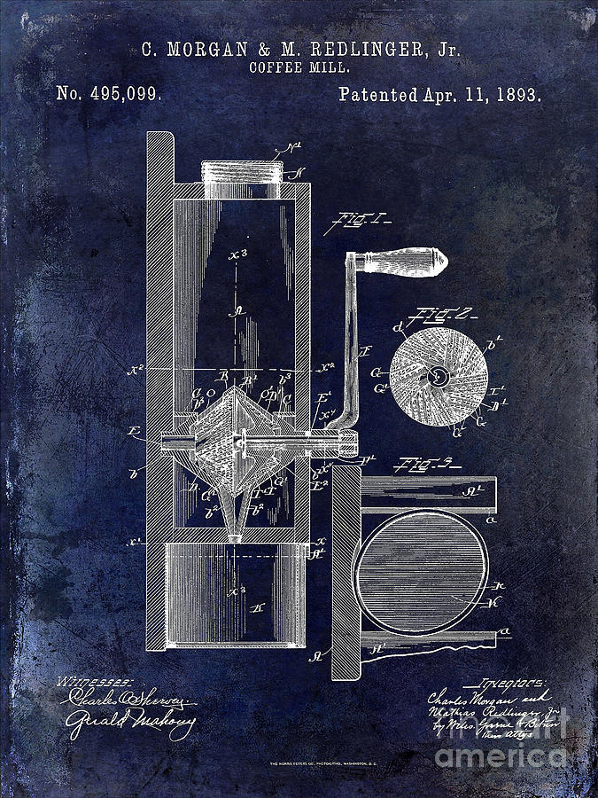Coffee Mill Patent 1893 Blue Photograph by Jon Neidert